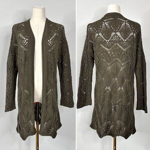 The Kooples XS Olive Green Crochet Open Knit Longline Cardigan Boho Festival